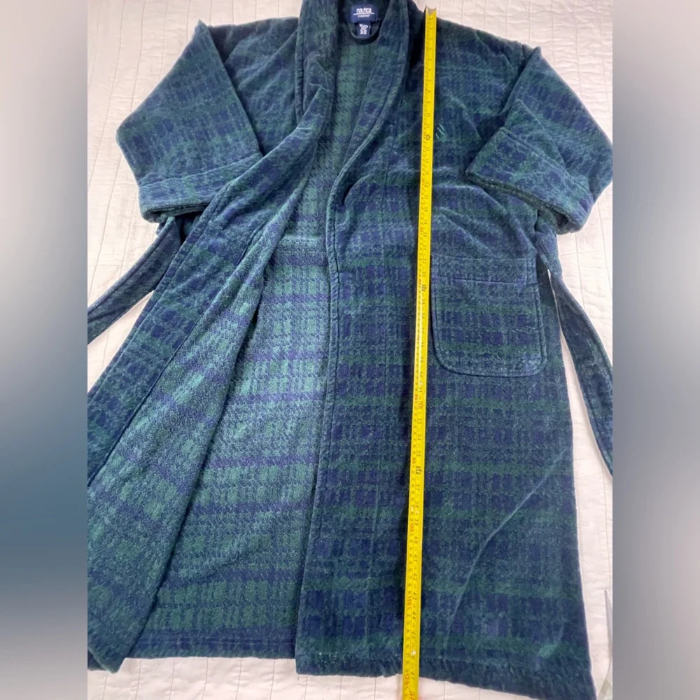 Nautica Green and Blue Cotton Terry Plaid Men's Robe One Size - Picture 6 of 11